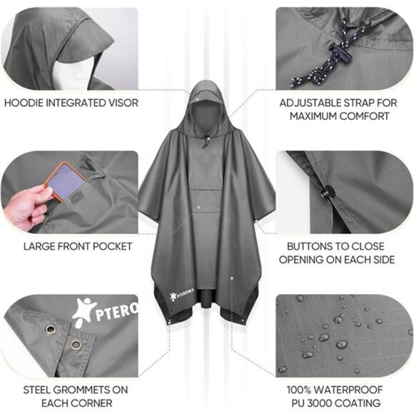 Hooded Rain Poncho for Adult with Pocket, Waterproof Lightweight Unisex - Picture 6 of 7